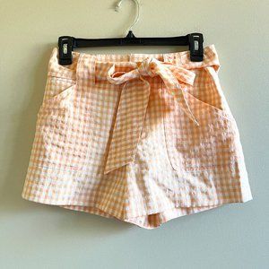 Club‎ Monaco Plaid Checks Womens Size 0 Shorts Waist Tie Orange White Pockets
